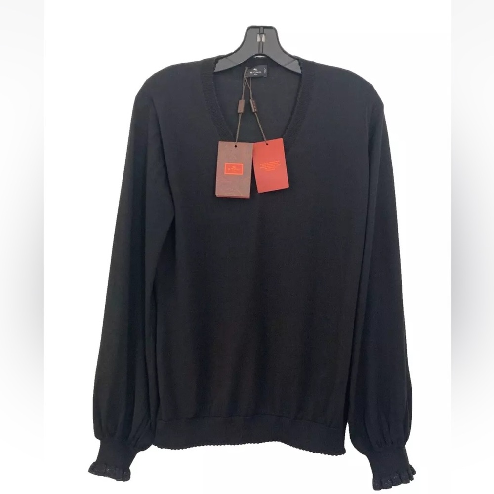 ETRO Milano Black Wool Silk Top Blouse V-Neck Long Bell Sleeve Size 48 NWT $890